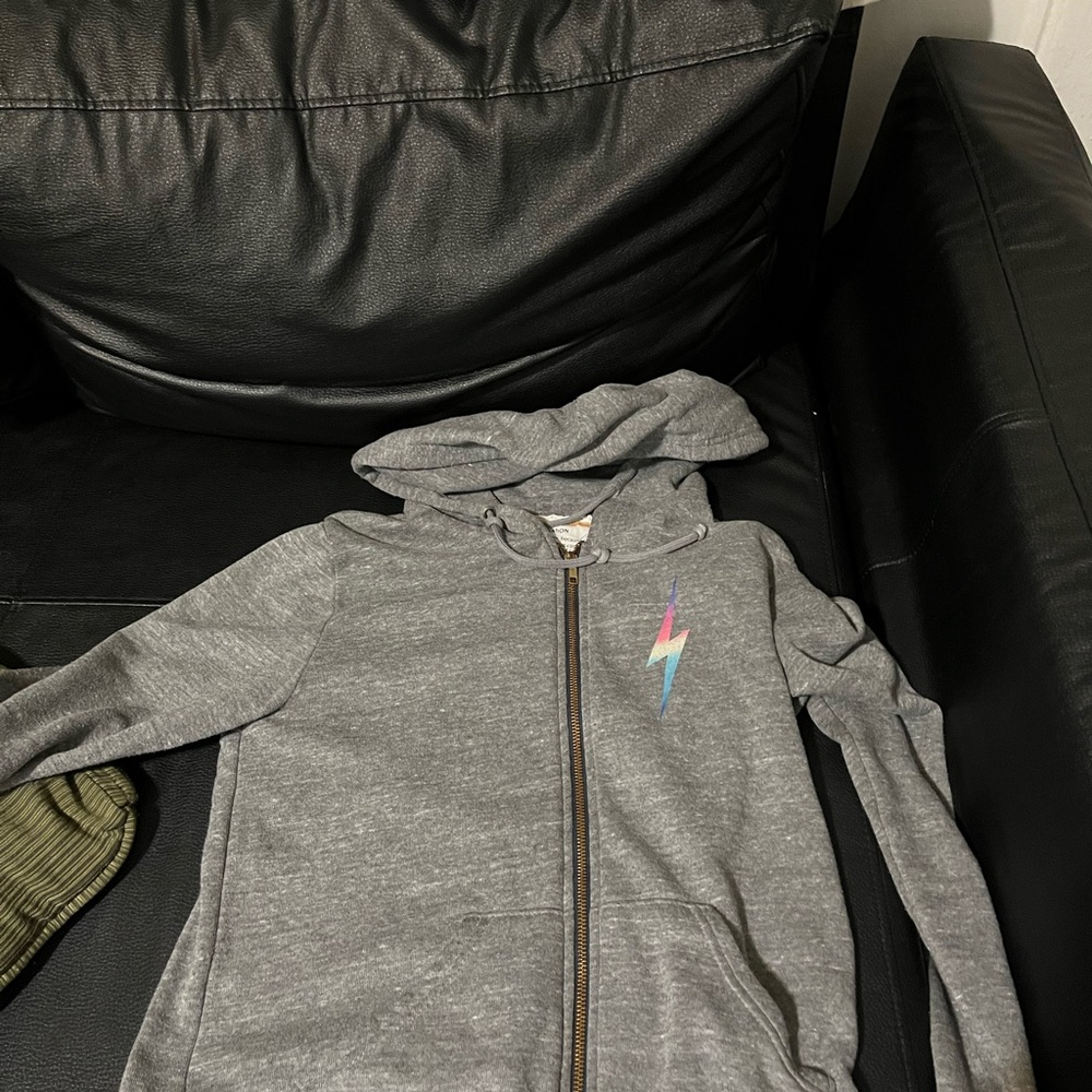 Aviator Nation Gray Hoodie with Rainbow Lightning Bolt